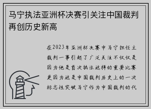 马宁执法亚洲杯决赛引关注中国裁判再创历史新高